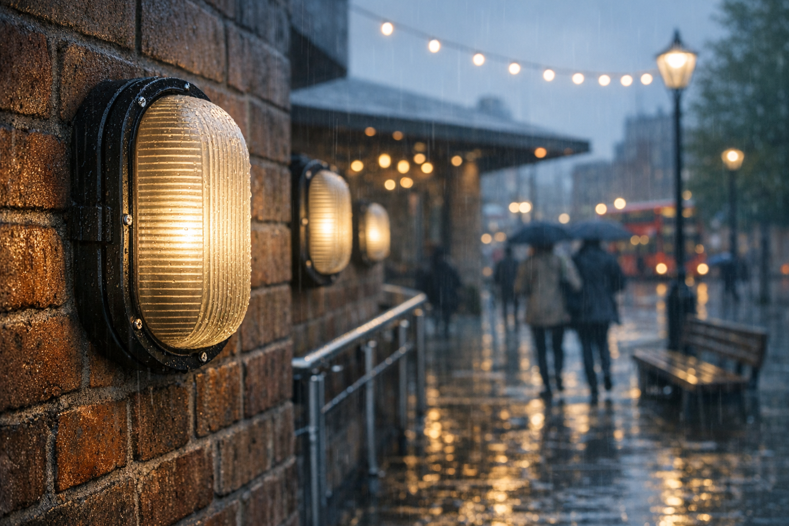 enhance an image of bulkhead led fittings in a public space in rainy england-1