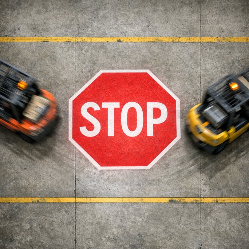 photographic A stop sign being projected onto a warehouse floor with forklift that appear to be in motion on either side driving away form one another-1