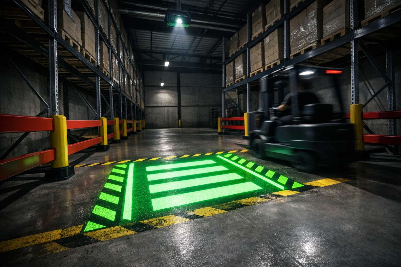 Projected Crosswalk in Minimalist Warehouse Interior
